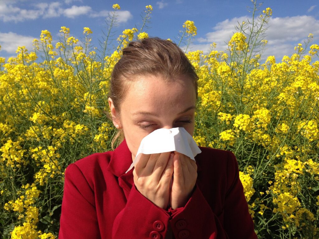 A woman affected allerges, sneezing.