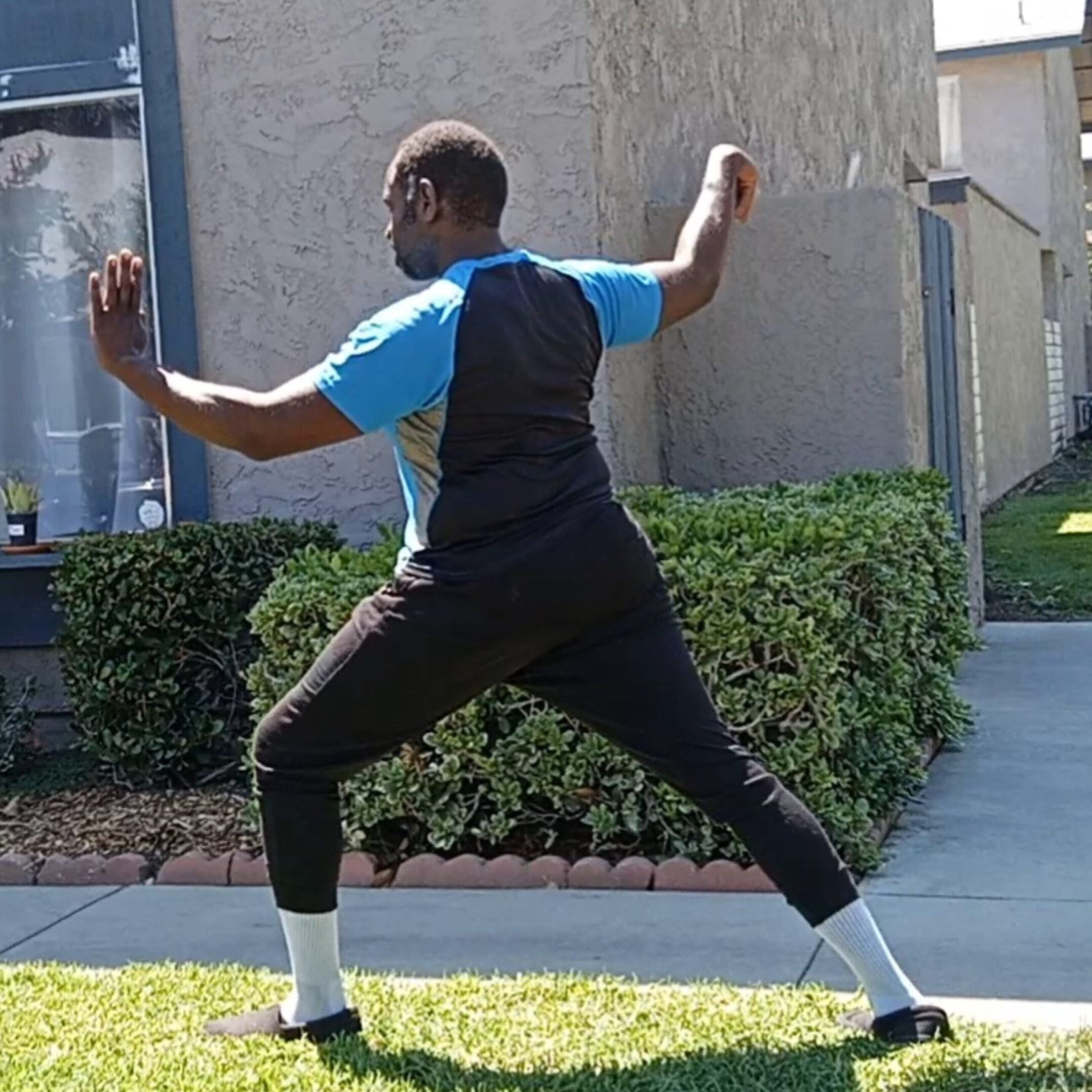 A picture of Carlo St Juste, MAOM performing the tai chi movement "single whip".